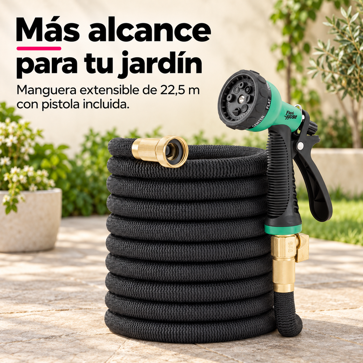 Manguera Extensible 22,5 m con Pistola de Riego de 8 Patrones