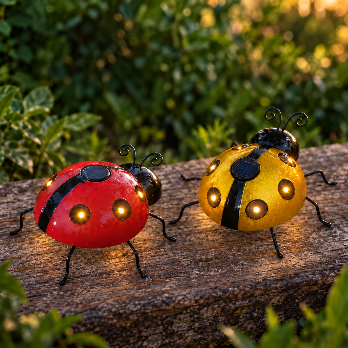 Pack de dos mariquitas solares para jardín, una roja y una amarilla dorada, con luces LED cálidas.
