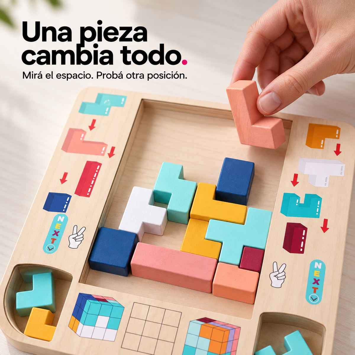 Una mano coloca una pieza de madera sobre el tablero del rompecabezas de encastre.