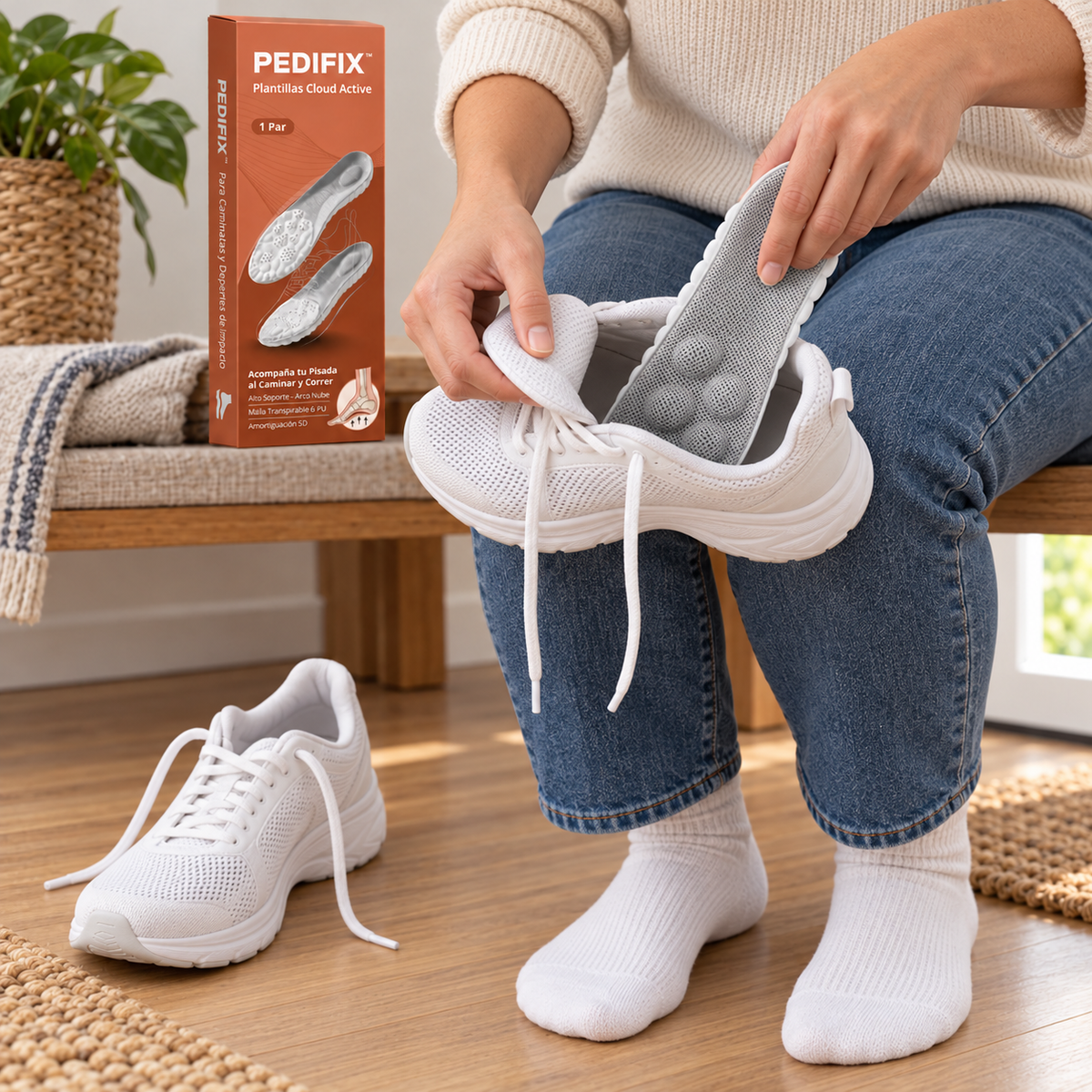 Persona colocando una plantilla Pedifix gris en una zapatilla vacía
