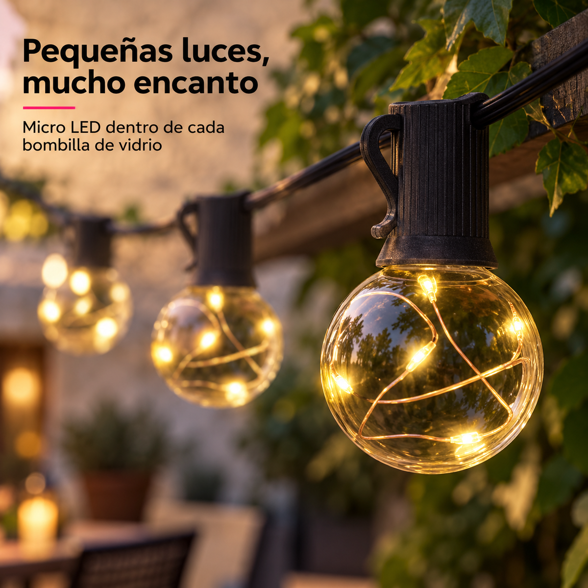 Guirnalda Solar Micro LED 7 m con 10 Bombillas G40 y Control Remoto