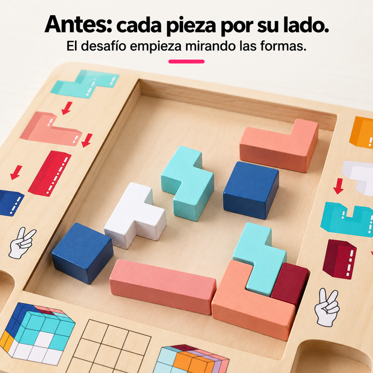 Antes del armado: piezas de madera separadas sobre el tablero del rompecabezas.