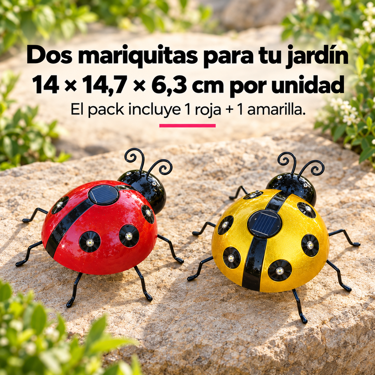 Pack x2 Luces LED Solares Mariquita para Jardín · Roja y Amarilla