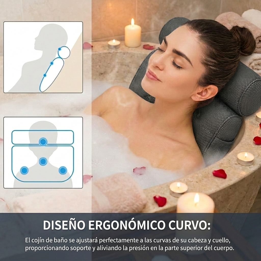 Almohada Bañera Antideslizante Ventosas Soporte Espalda Cuello