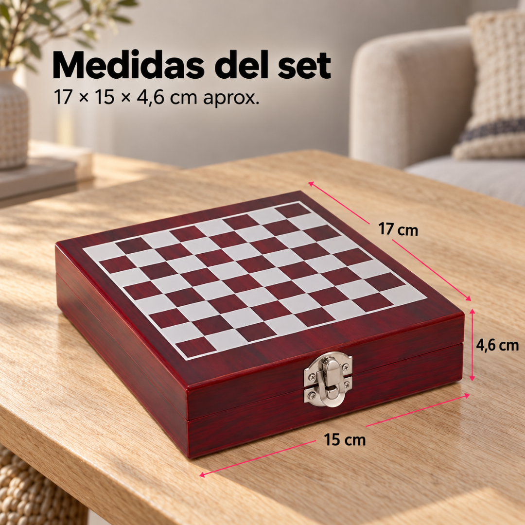 Set de Ajedrez con Accesorios para Vino en Caja de Madera
