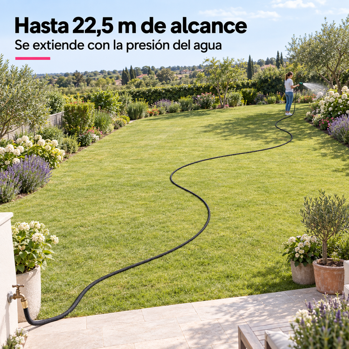 Manguera Extensible 22,5 m con Pistola de Riego de 8 Patrones