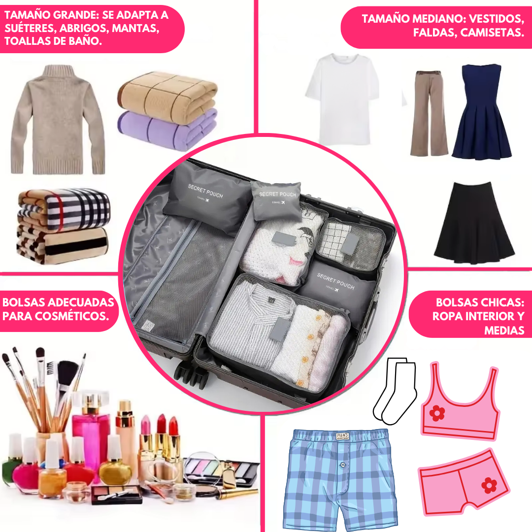 Set de 6 Bolsas Organizadoras  Grises para Valija Varios Tamaños