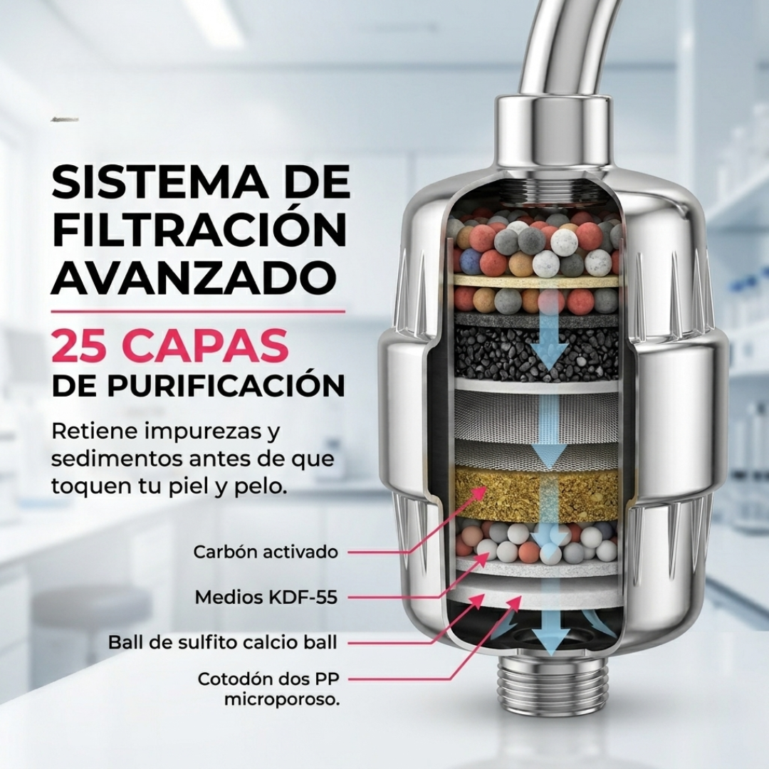 Cabezal Ducha Filtro Purificador 25 Capas Acero Inoxidable