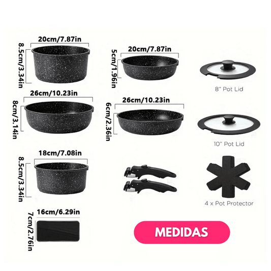 Juego de Ollas Antiadherente 11 Piezas Con Mango Removible - Muy Moderna Uruguay