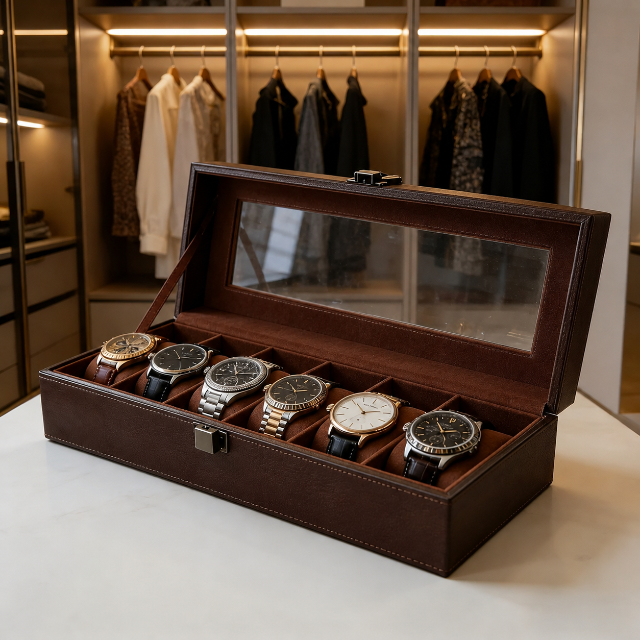 Caja Organizadora Relojes 6 Ranuras Simil Cuero Tapa Vidrio