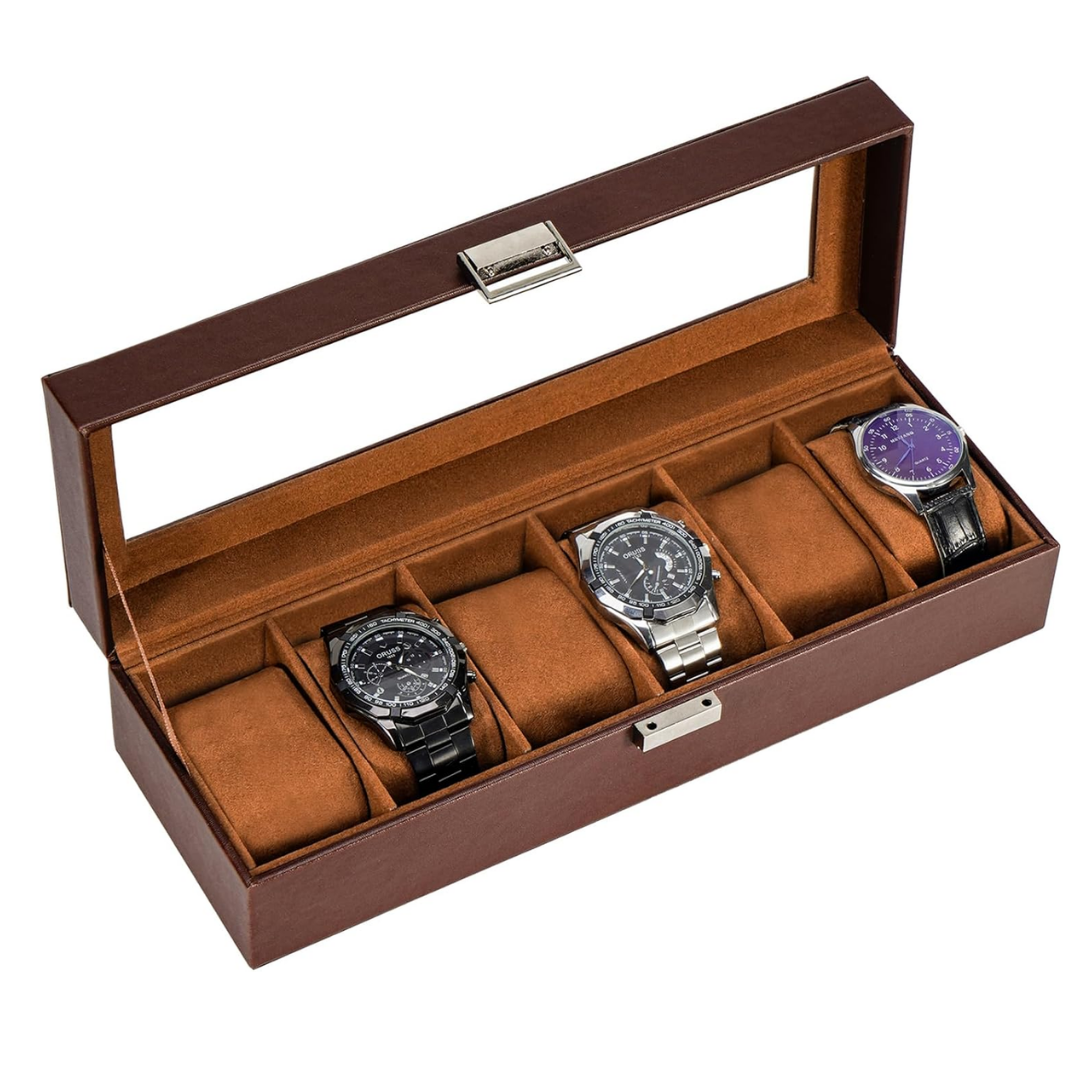 Caja Organizadora Relojes 6 Ranuras Simil Cuero Tapa Vidrio
