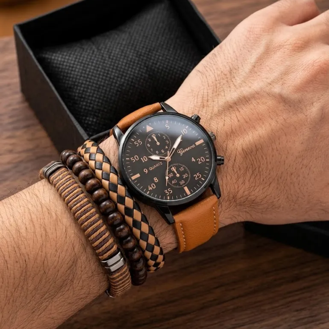Reloj de Cuarzo para Hombre con Correa de Cuero PU y Pulsera