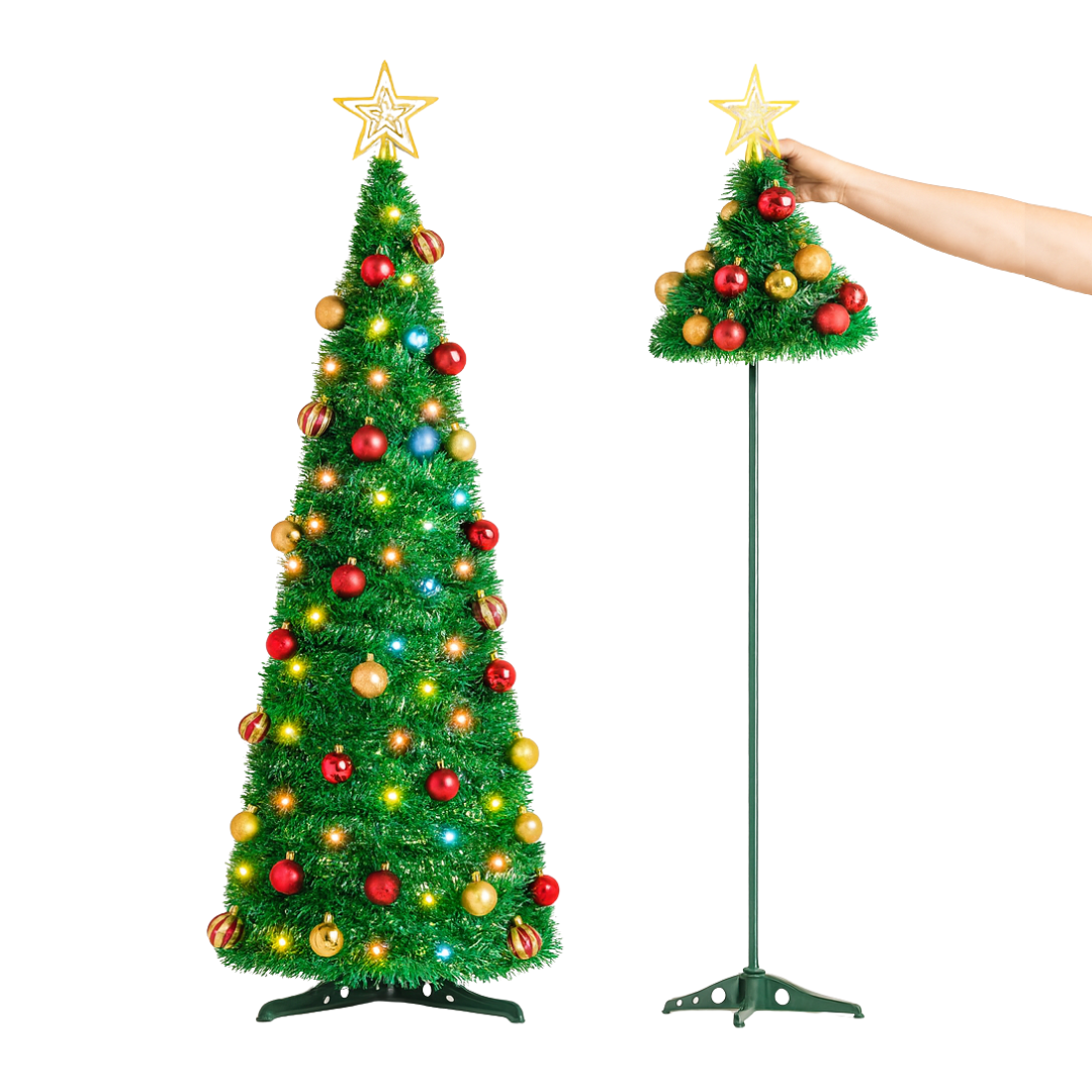 Árbol Navideño Autoarmable 150 cm Plegable con Luces LED y Adornos Incluidos