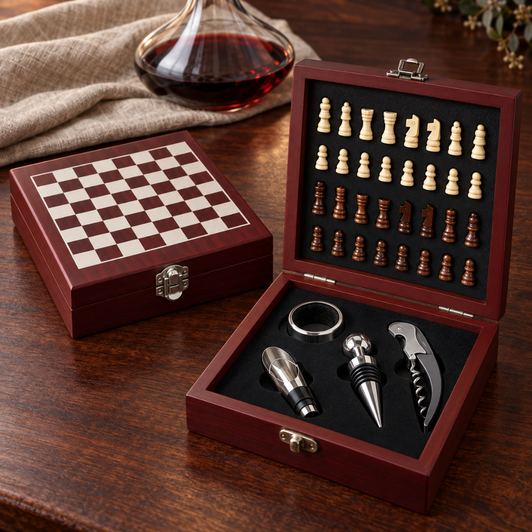 Set de Ajedrez con Accesorios para Vino en Caja de Madera