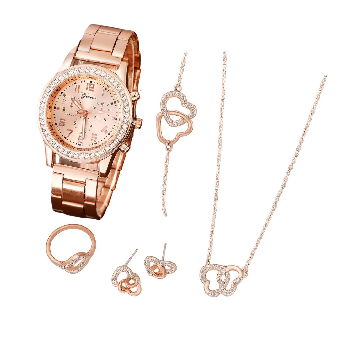 Set Elegante Reloj Pulsera Collar Aros Anillo Mujer De Lujo