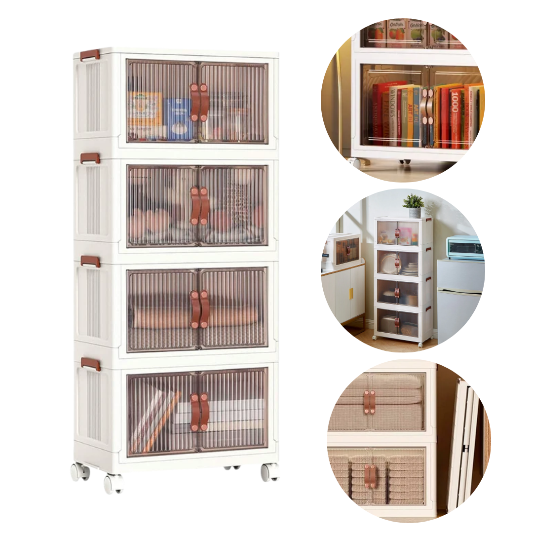 Set De 4 Cajas Organizadoras Apilables Con Puertas Transparentes y Ruedas