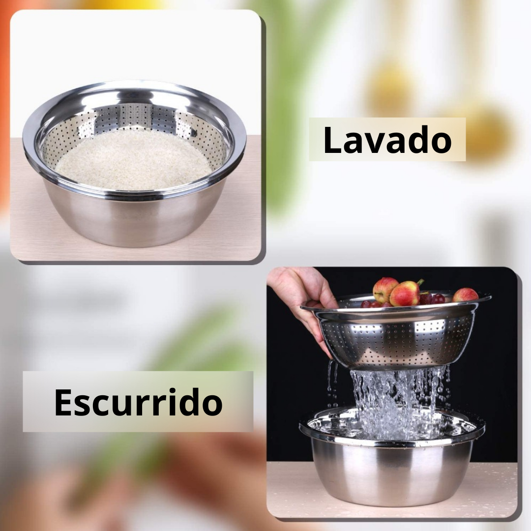 Set 3 en 1 Bowl Con Colador y Rallador en Acero Inoxidable