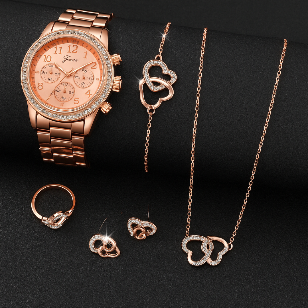 Set Elegante Reloj Pulsera Collar Aros Anillo Mujer De Lujo