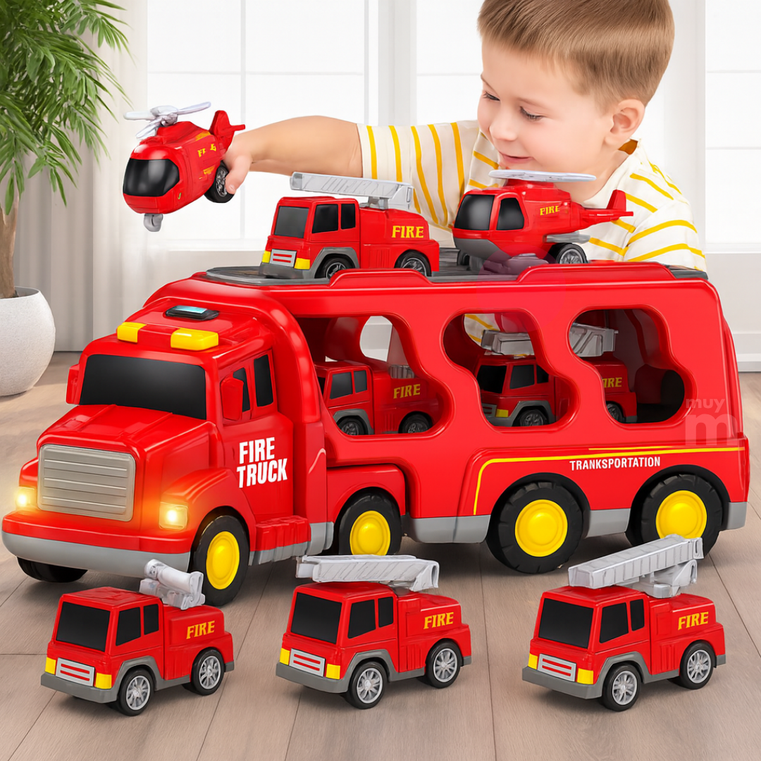 Camión Bombero Transportador Con 6 Autos Juguete Para Niños