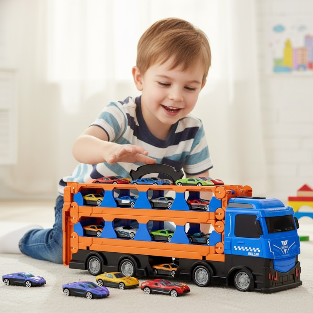Camión Transportador Con Pista Y 12 Autos Juguete Para Niños