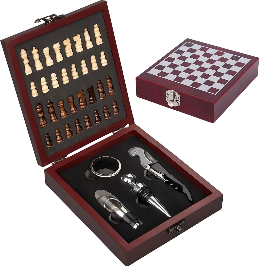 Set de Ajedrez con Accesorios para Vino en Caja de Madera