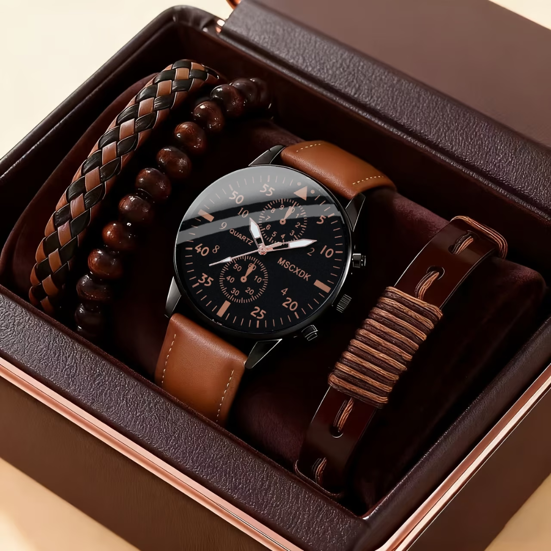 Reloj de Cuarzo para Hombre con Correa de Cuero PU y Pulsera