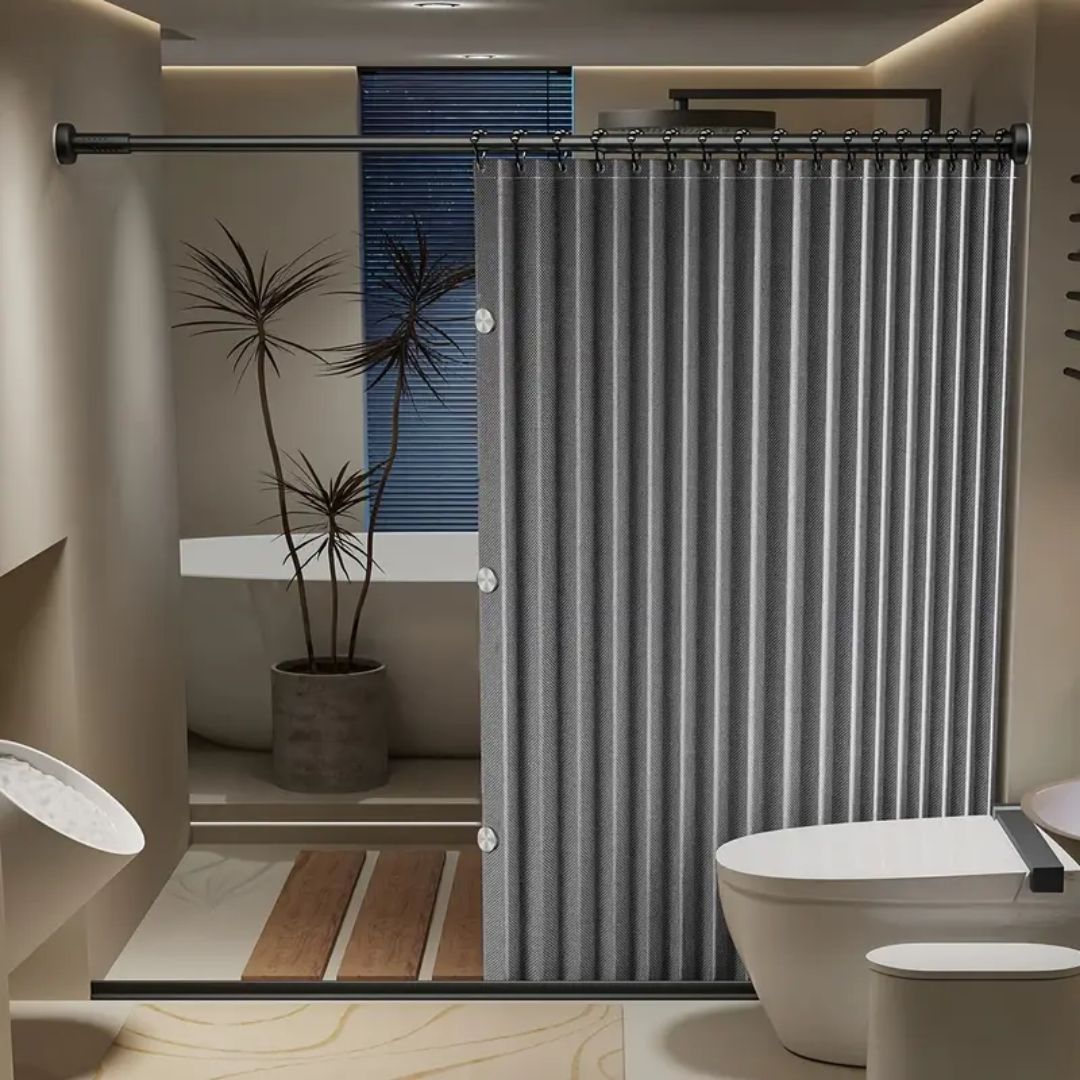 Cortina de Baño Tipo Lino con Cierre Magnético y Ganchos Elegantes
