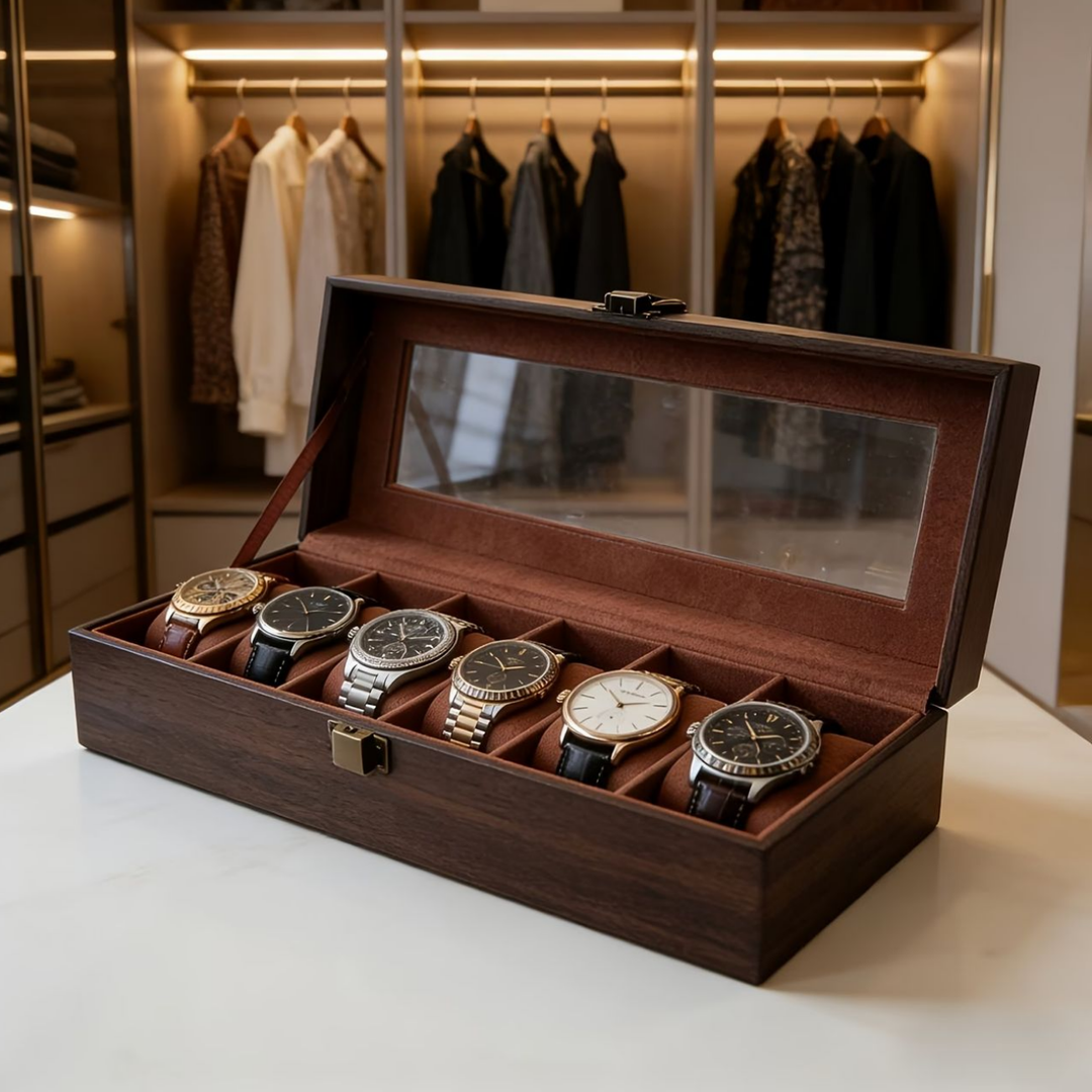 Caja Organizadora Relojes 6 Ranuras Simil Cuero Tapa Vidrio