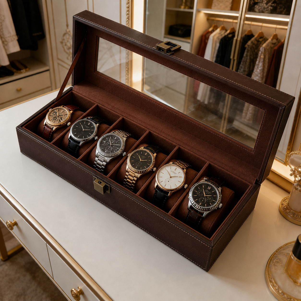Caja Organizadora Relojes 6 Ranuras Simil Cuero Tapa Vidrio