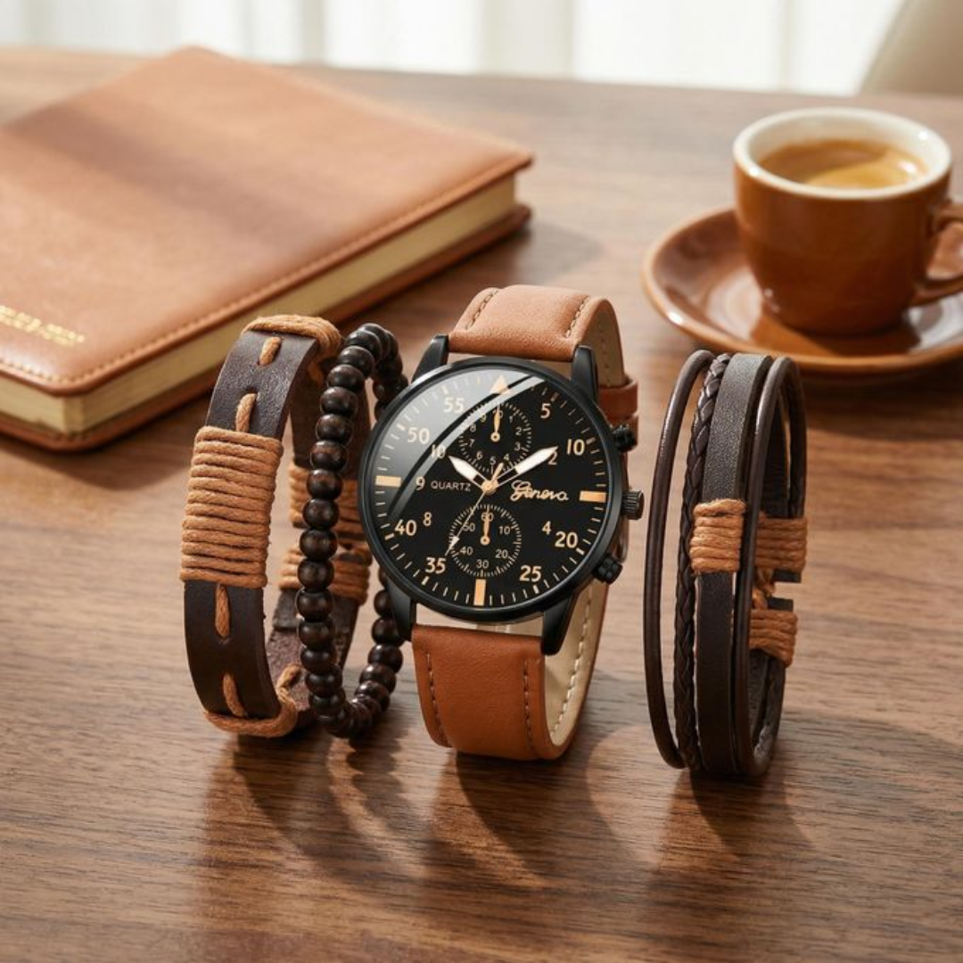 Reloj de Cuarzo para Hombre con Correa de Cuero PU y Pulsera