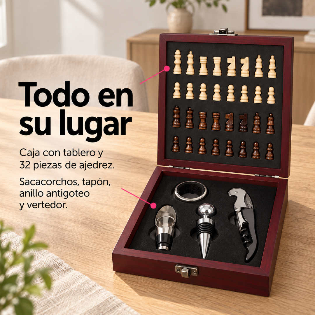 Set de Ajedrez con Accesorios para Vino en Caja de Madera