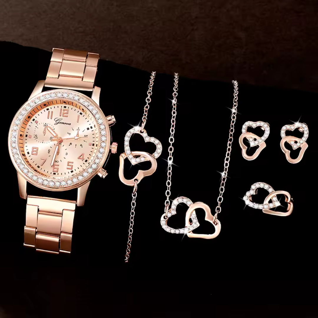 Set Elegante Reloj Pulsera Collar Aros Anillo Mujer De Lujo
