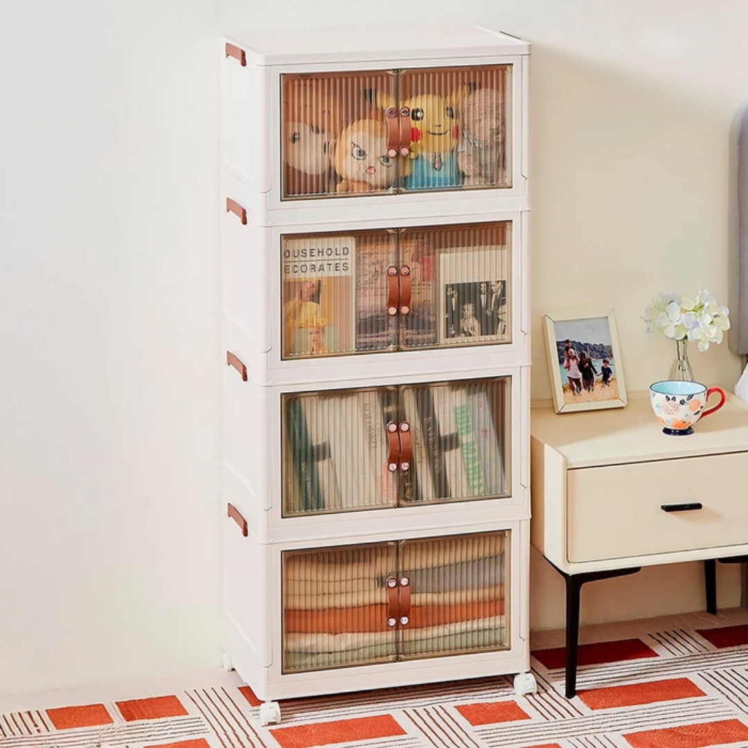 Set De 4 Cajas Organizadoras Apilables Con Puertas Transparentes y Ruedas