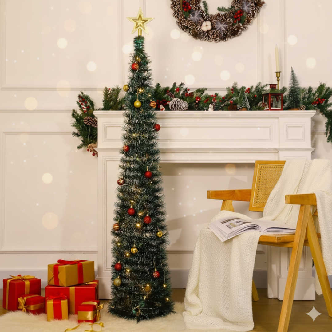 Árbol Navideño Autoarmable 150 cm Plegable con Luces LED y Adornos Incluidos