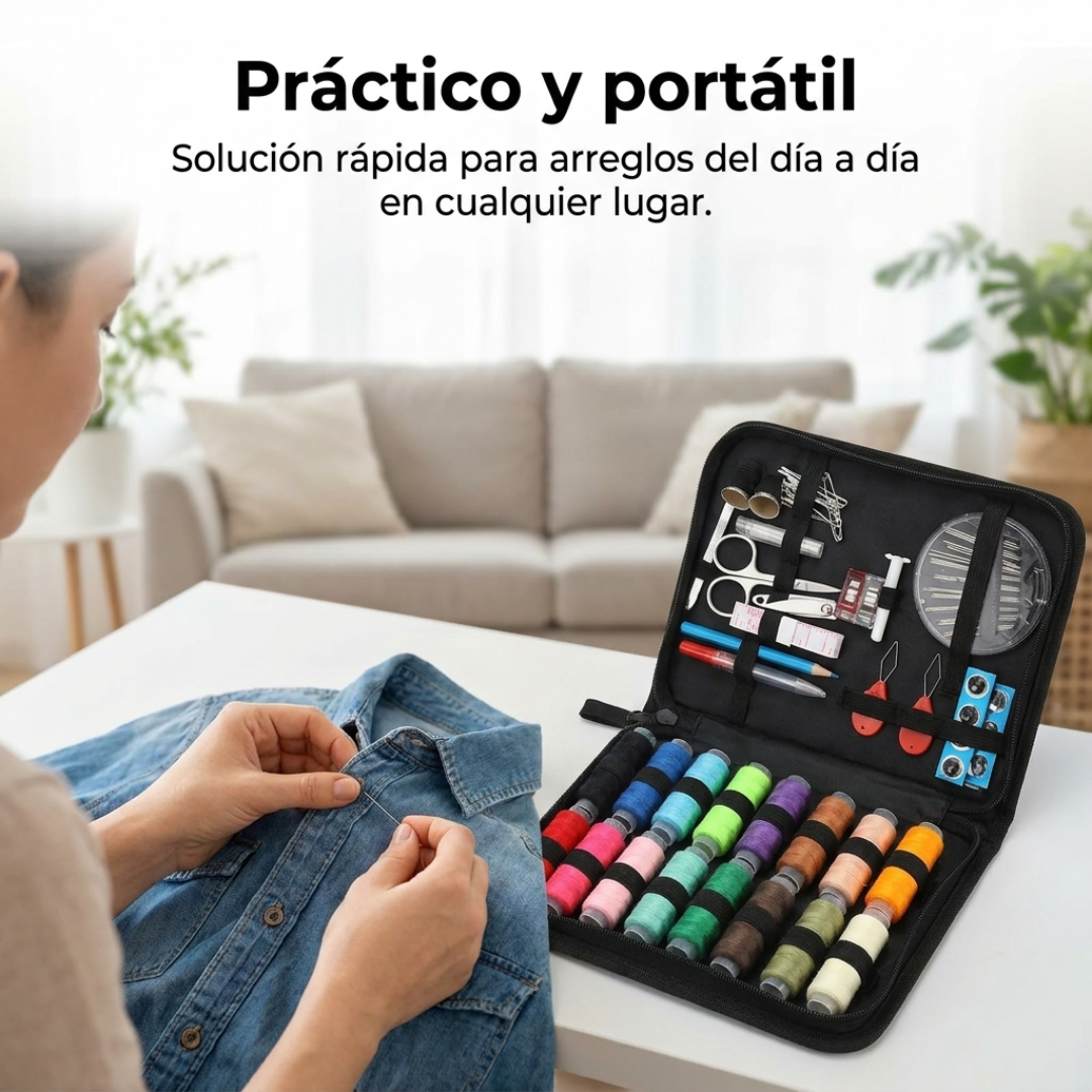 Kit de Costura Completo Portátil con Hilos Agujas Tijera y Cinta Métrica