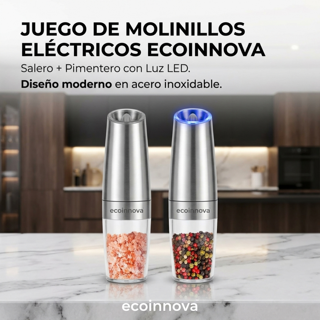 Set Molinillo Eléctrico Sal y Pimienta con Luz LED Ecoinnova