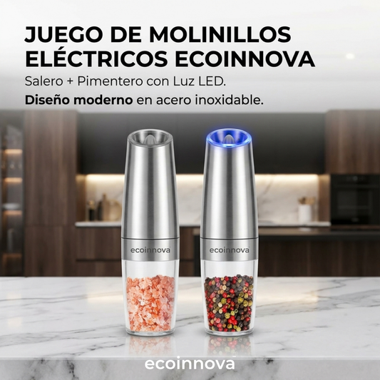 Set Molinillo Eléctrico Sal y Pimienta con Luz LED Ecoinnova