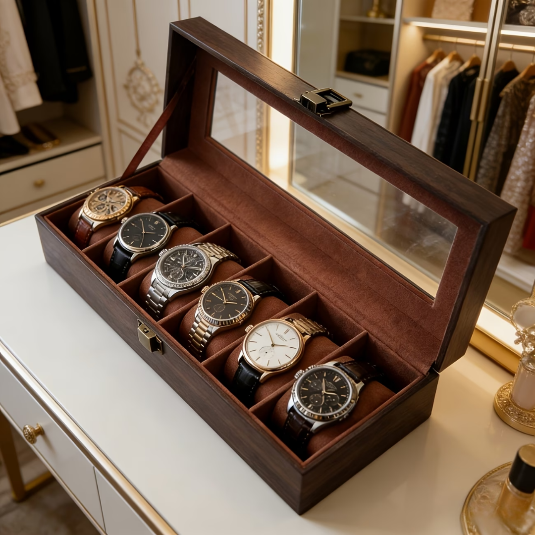 Caja Organizadora Relojes 6 Ranuras Simil Cuero Tapa Vidrio