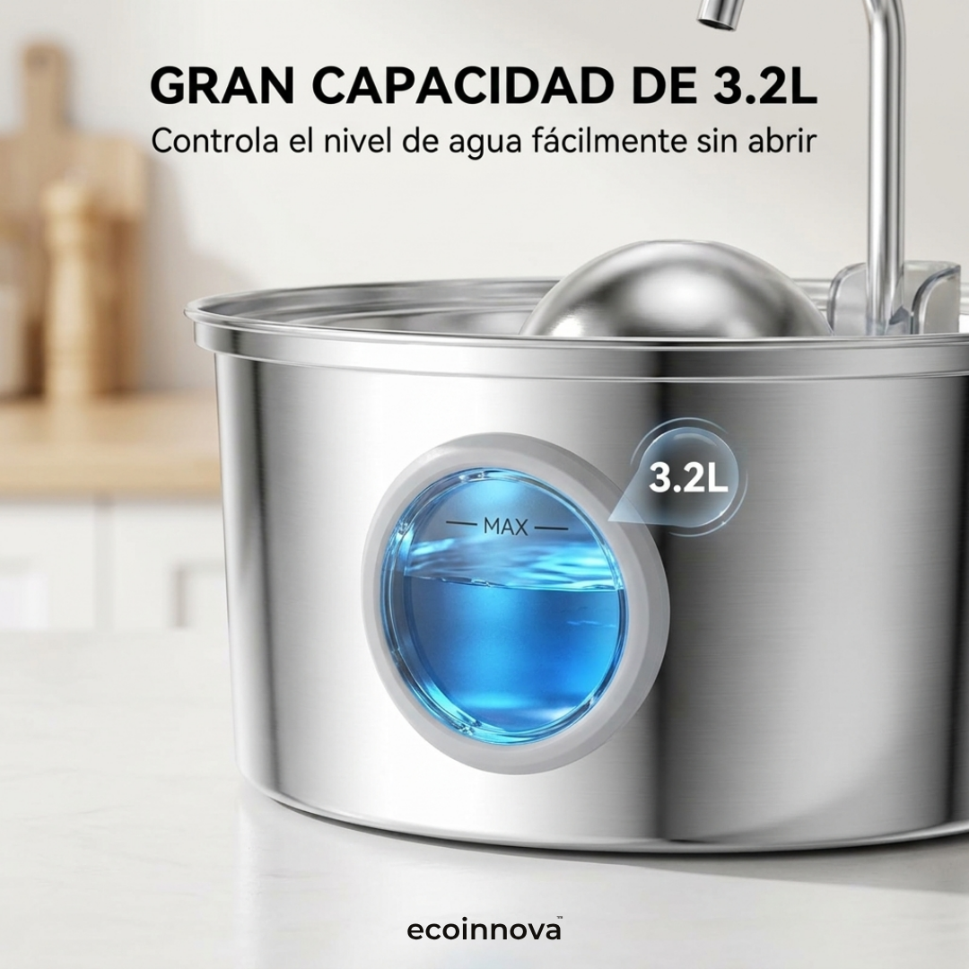 Bebedero Fuente Agua Gatos Acero Inoxidable 3.2L Multifiltro - Ecoinnova