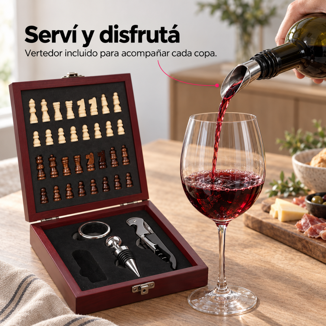 Set de Ajedrez con Accesorios para Vino en Caja de Madera