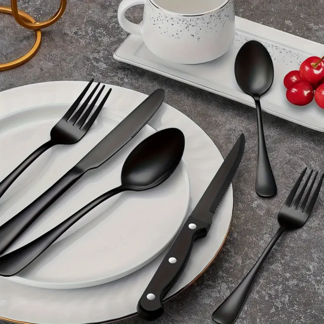 Set De Cubiertos De Acero Inoxidable Negros 24 Piezas