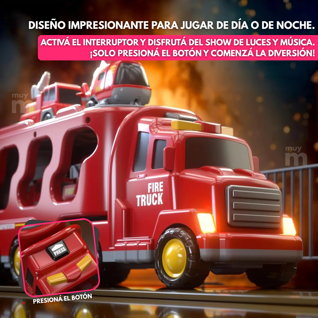 Camión Bombero Transportador Con 6 Autos Juguete Para Niños