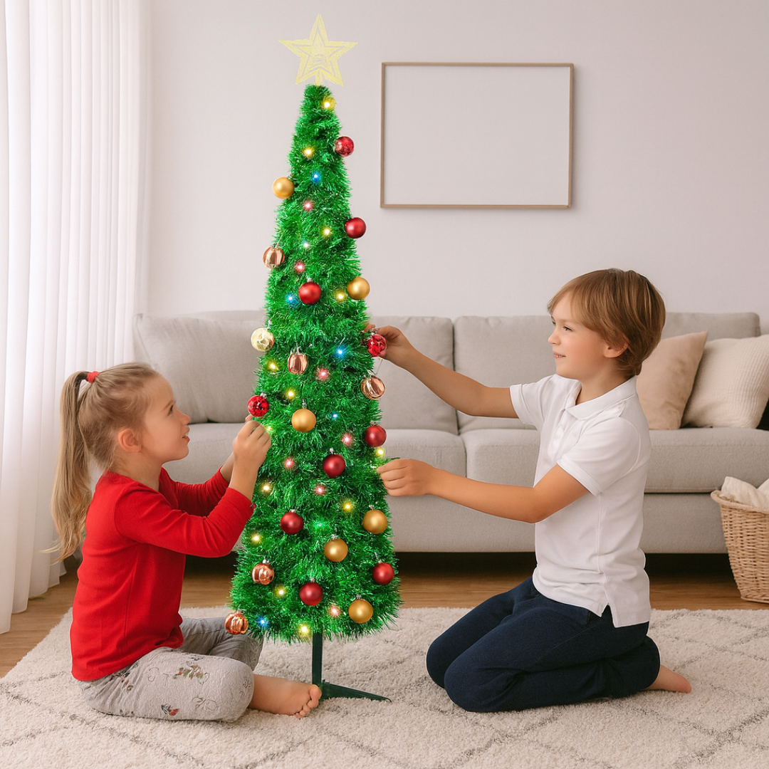 Árbol Navideño Autoarmable 150 cm Plegable con Luces LED y Adornos Incluidos