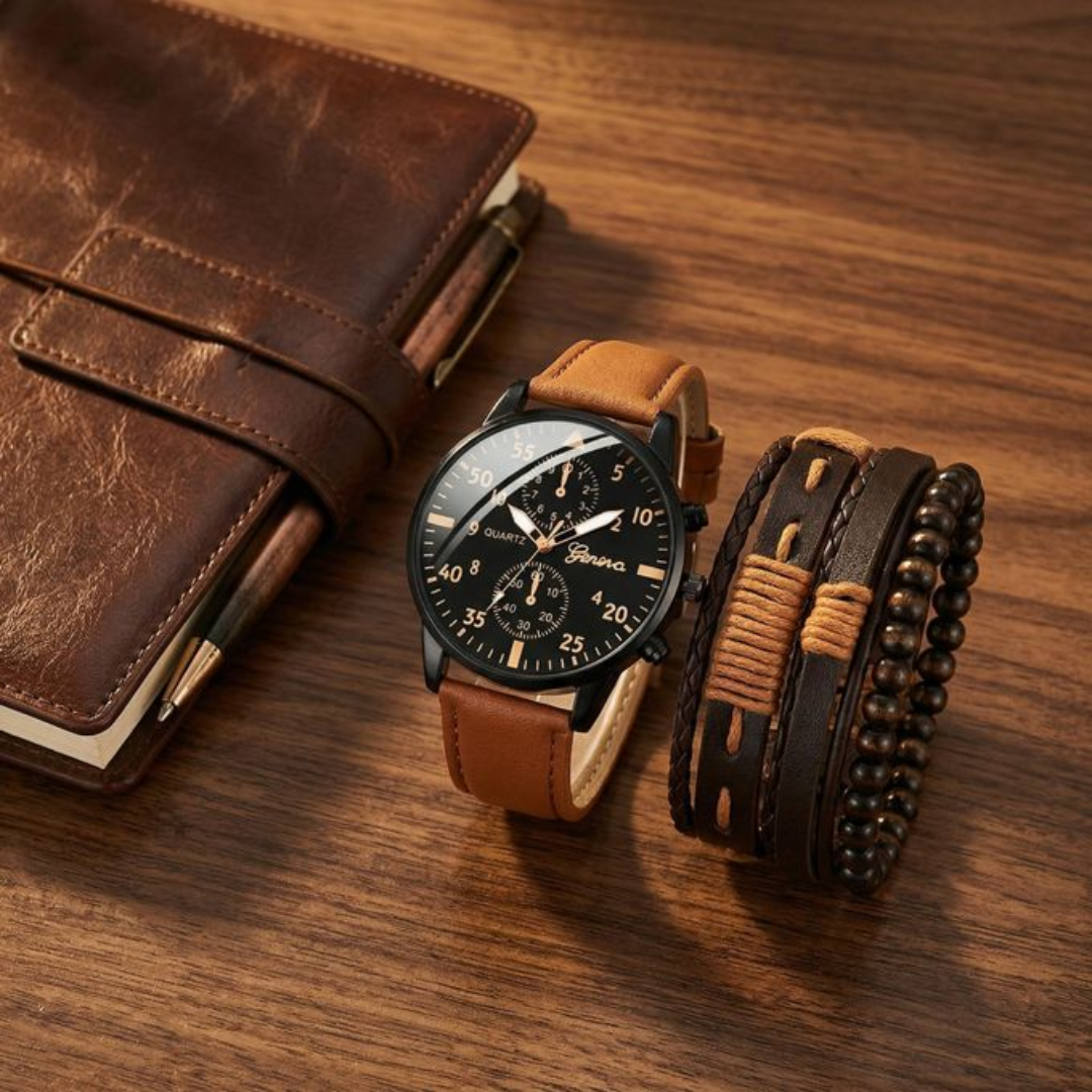 Reloj de Cuarzo para Hombre con Correa de Cuero PU y Pulsera