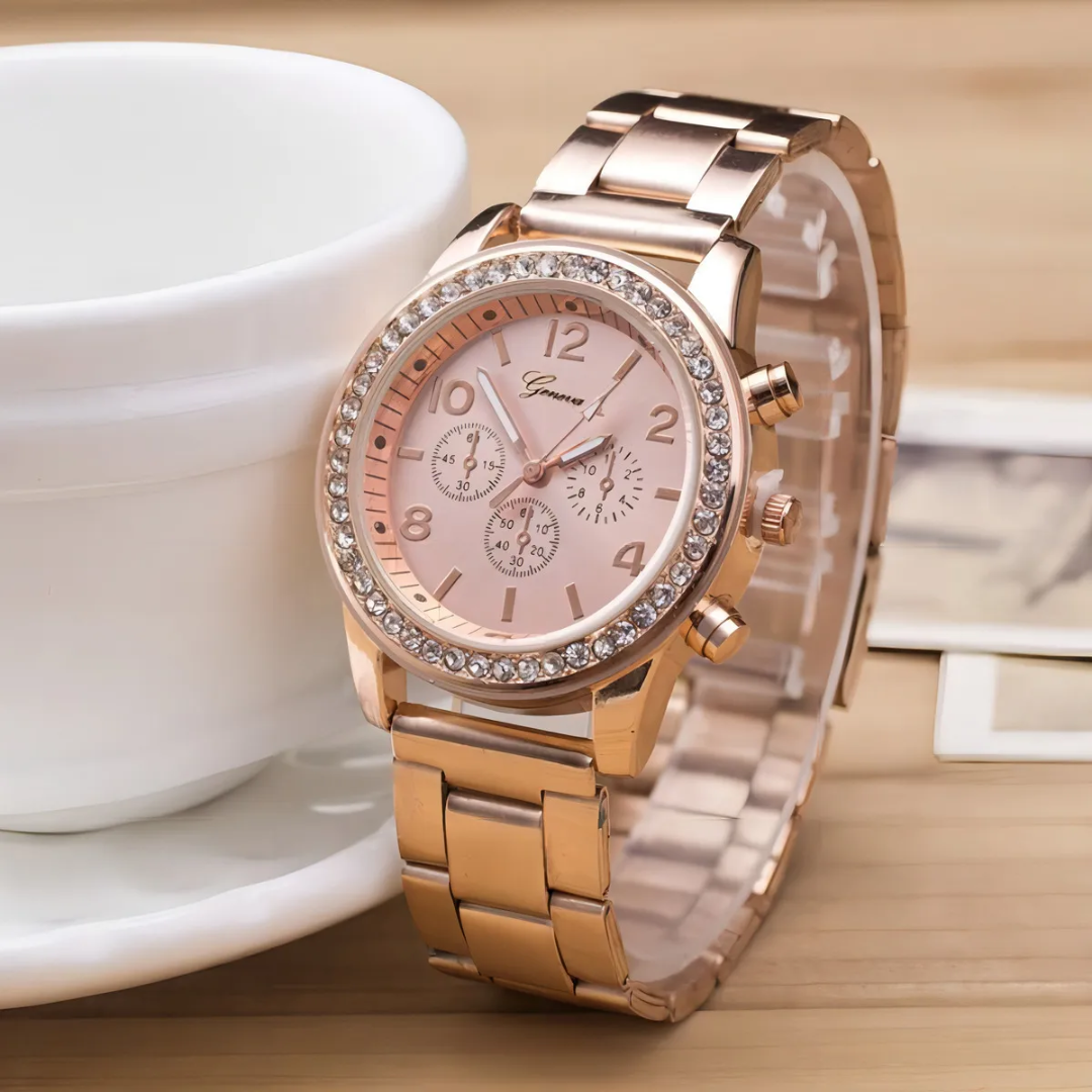 Set Elegante Reloj Pulsera Collar Aros Anillo Mujer De Lujo