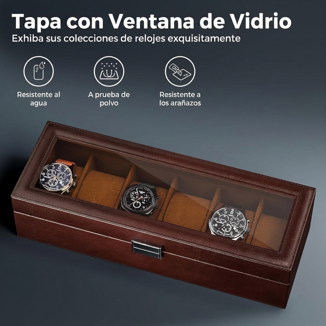 Caja Organizadora Relojes 6 Ranuras Simil Cuero Tapa Vidrio