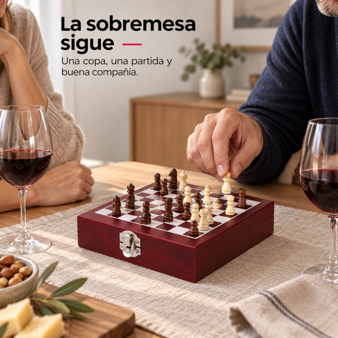 Set de Ajedrez con Accesorios para Vino en Caja de Madera