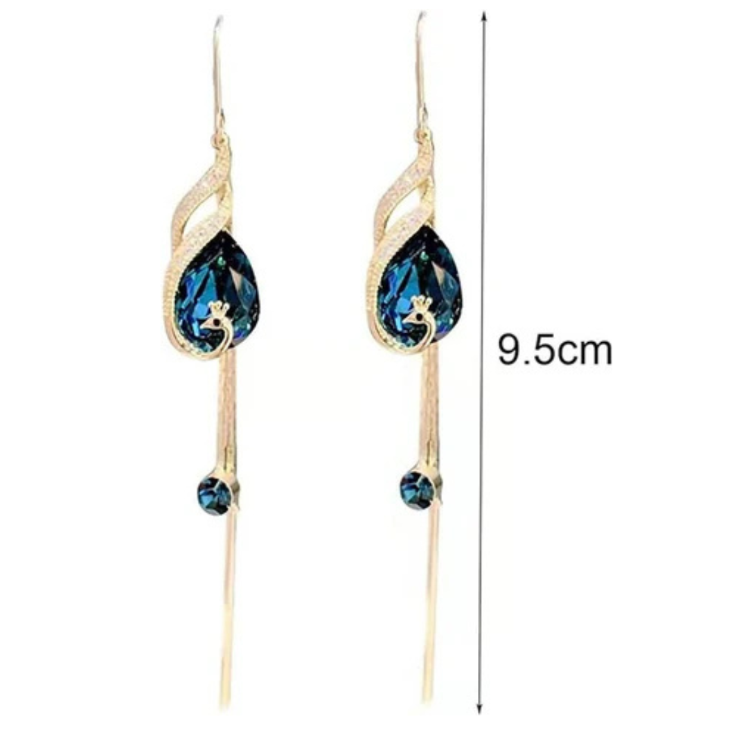 Caravanas Enchapadas En Oro 18K - Pavo Real Con Cristal Azul