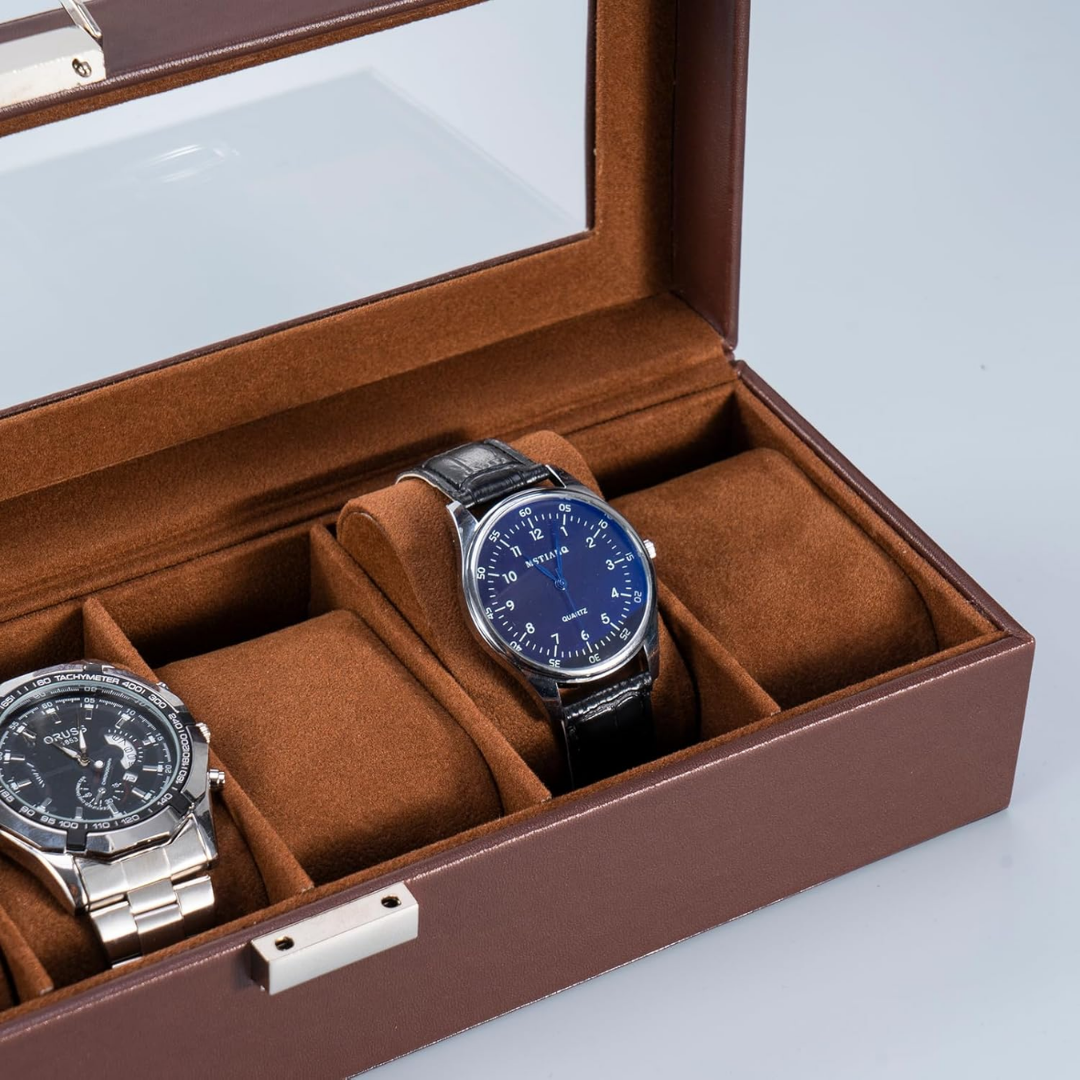 Caja Organizadora Relojes 6 Ranuras Simil Cuero Tapa Vidrio