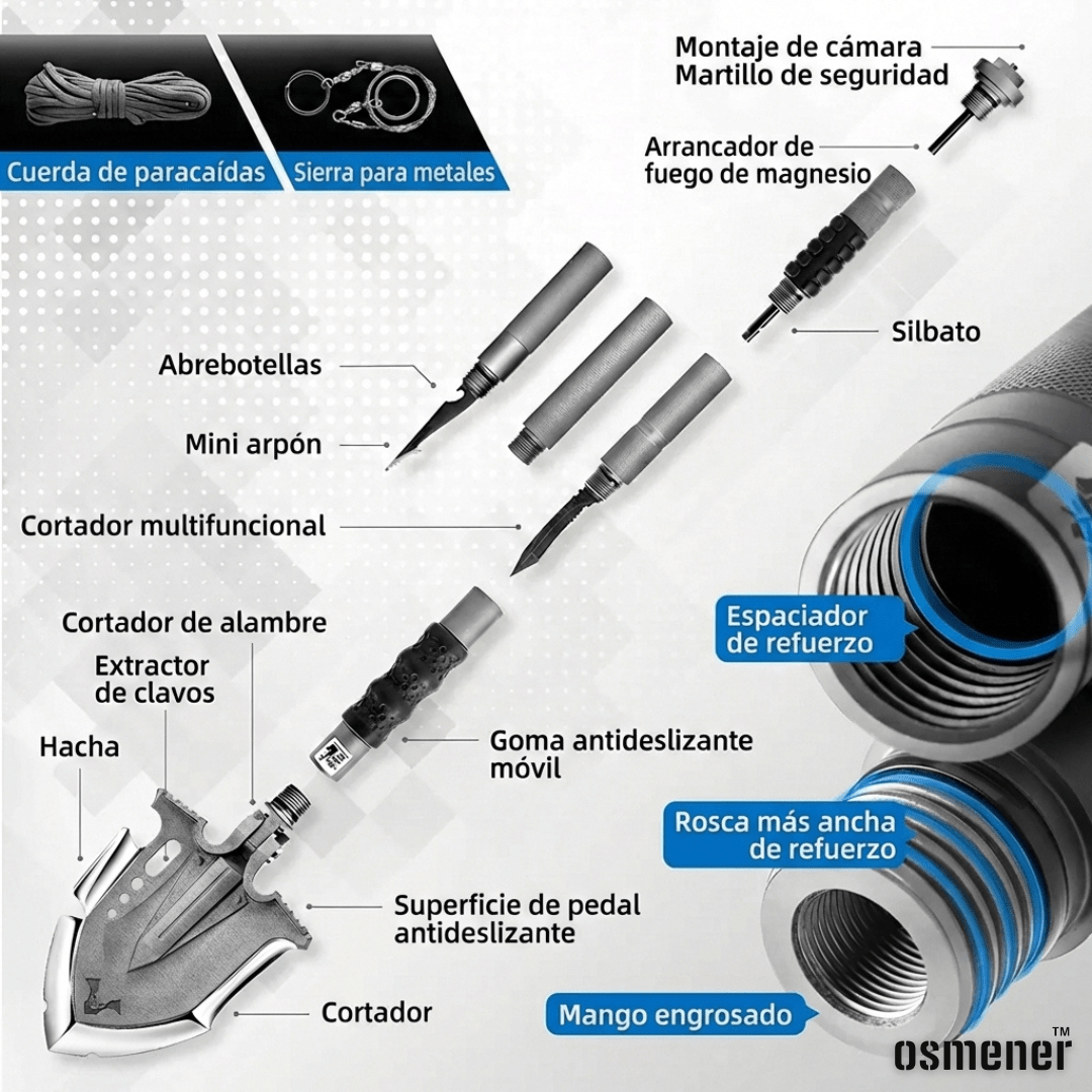 Pala Táctica Militar Multifunción Plegable 12 En 1 Para Camping OSMENER - Muy Moderna Uruguay
